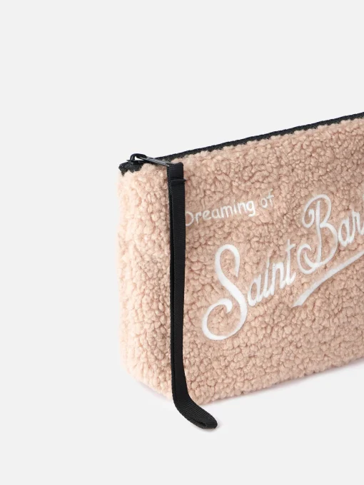 Pochette beige teddy Aline con ricamo logo