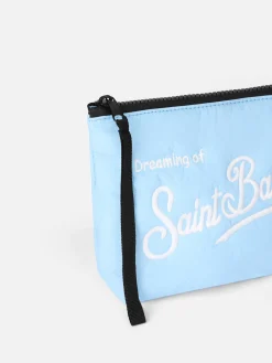 Pochette imbottita celeste Aline con ricamo logo
