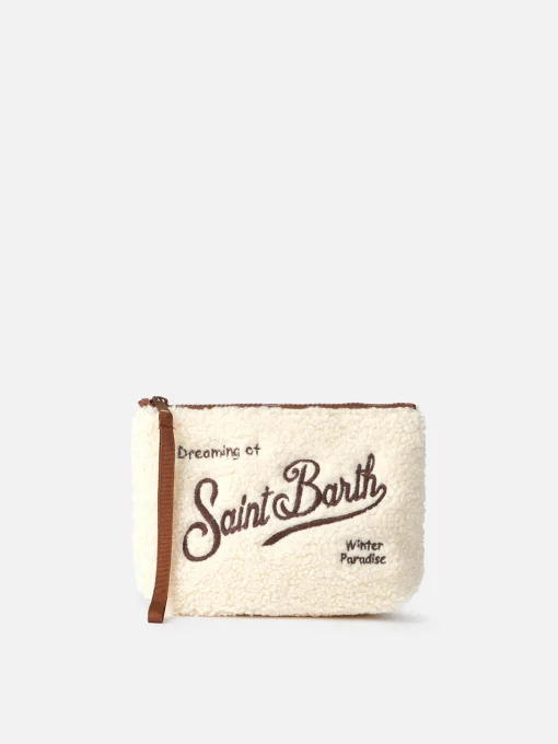 Pochette teddy Aline bianco sporco con ricamo logo