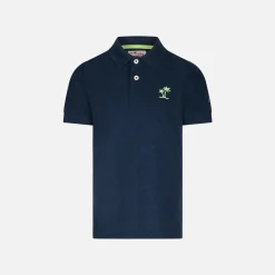 Polo da bambino in spugna blu con ricamo palme