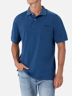 Polo da uomo in piquet di cotone blu denim Beverly Hills