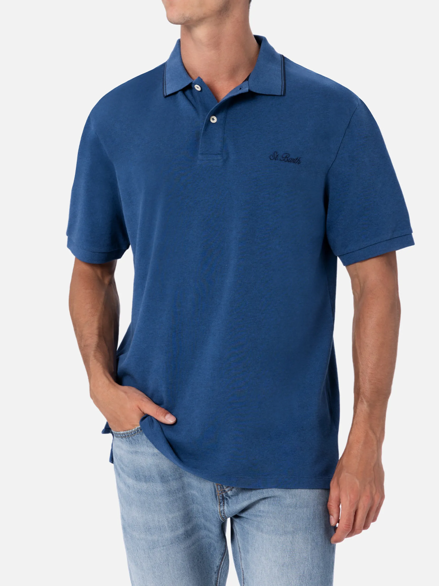 Polo da uomo in piquet di cotone blu denim Beverly Hills
