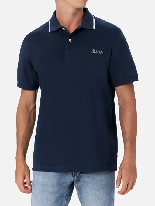 Polo da uomo in piquet di cotone blu Beverly Hills