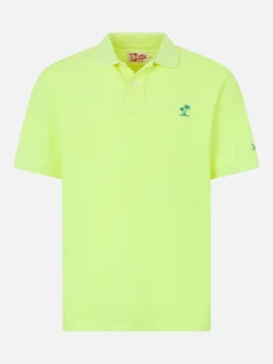 Polo da uomo in piquet giallo fluo con logo St. Barth ed effetto vintage