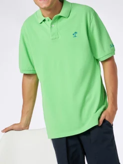 Polo da uomo in piquet verde fluo con logo St. Barth ed effetto vintage