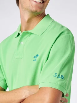 Polo da uomo in piquet verde fluo con logo St. Barth ed effetto vintage