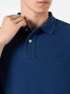 Polo in denim piquet con logo St. Barth effetto vintage