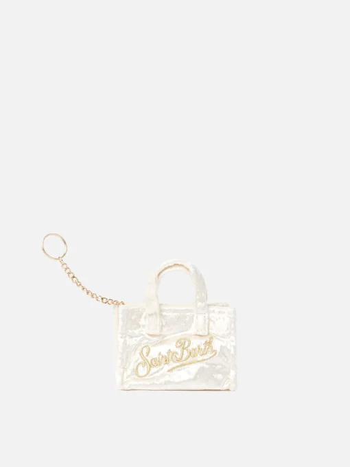Portachiavi in tessuto ciniglia bianco con ricamo logo