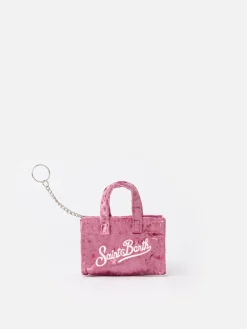 Portachiavi in tessuto ciniglia rosa con ricamo logo