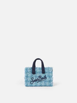 Portachiavi in tessuto tweed azzurro con ricamo logo