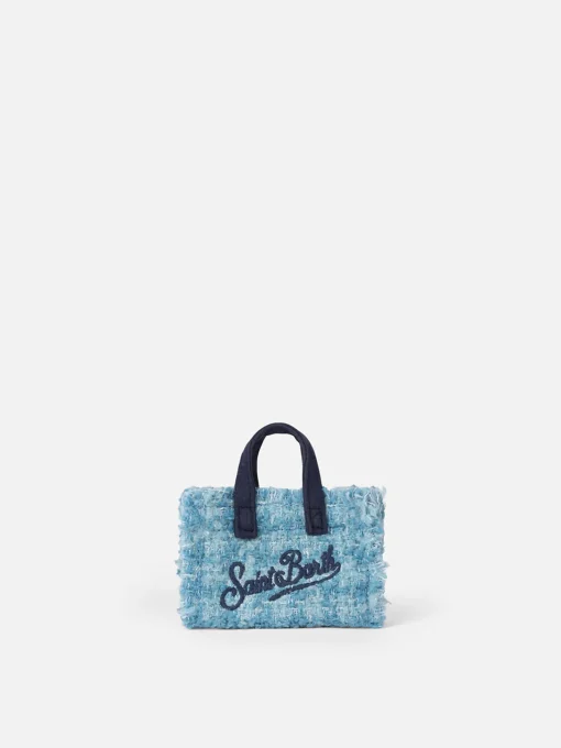 Portachiavi in tessuto tweed azzurro con ricamo logo
