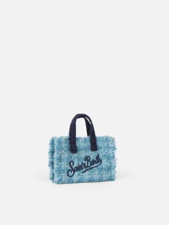 Portachiavi in tessuto tweed azzurro con ricamo logo