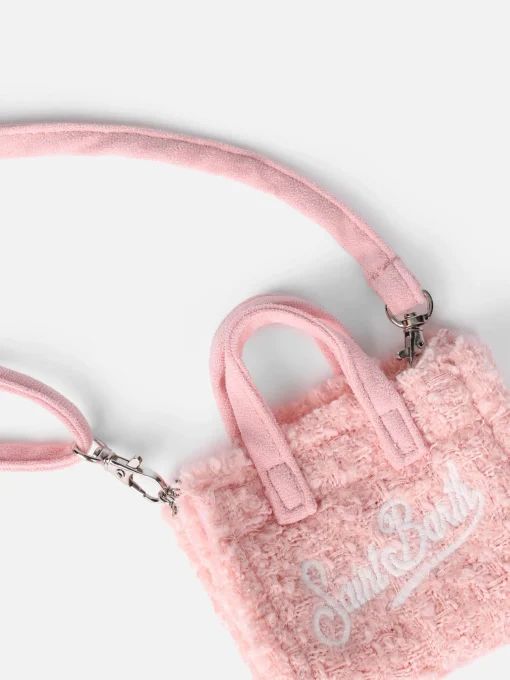 Portachiavi in tessuto tweed rosa con ricamo logo