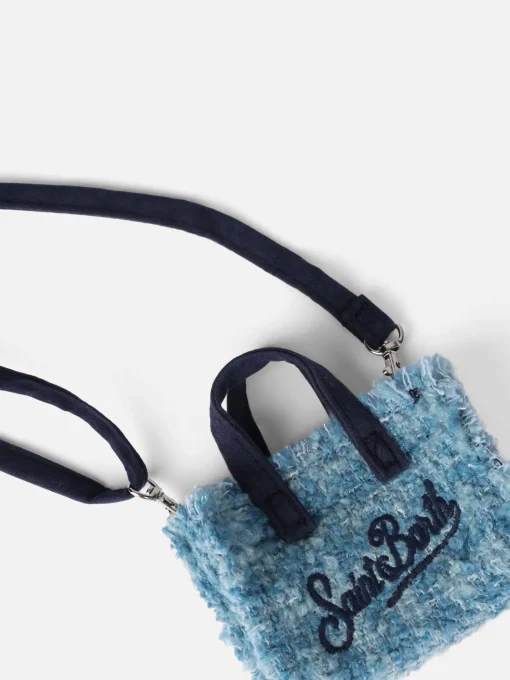 Portachiavi in tessuto tweed azzurro con ricamo logo