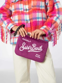 Pouch a tracolla Parisienne sherpa in velluto trapuntato fucsia