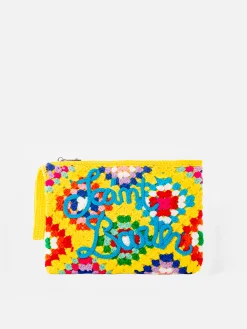 Pouch Parisienne all'uncinetto gialla con ricamo Saint Barth