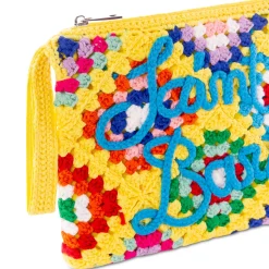Pouch Parisienne all'uncinetto gialla con ricamo Saint Barth