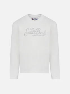 T-shirt bianca a maniche lunghe da bambina Penny con logo Saint Barth in strass
