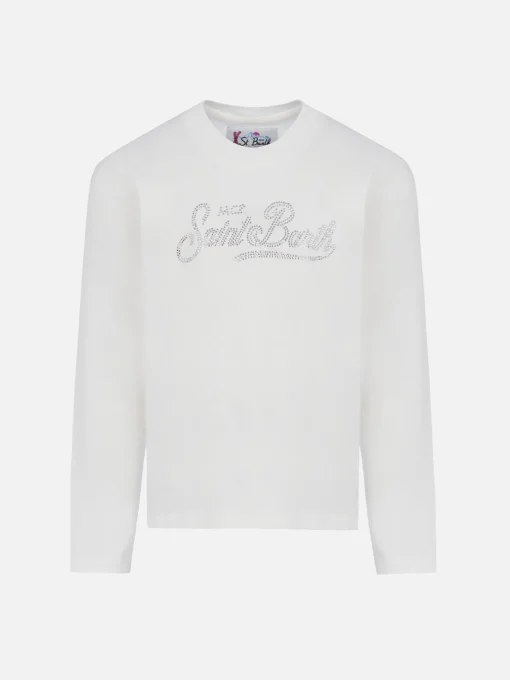 T-shirt bianca a maniche lunghe da bambina Penny con logo Saint Barth in strass