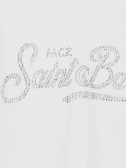T-shirt bianca a maniche lunghe da bambina Penny con logo Saint Barth in strass