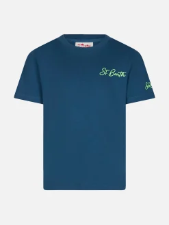 T-shirt blu da bambino in cotone con stampa St. Barth beach