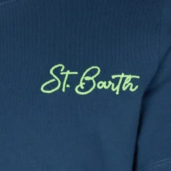 T-shirt blu da bambino in cotone con stampa St. Barth beach