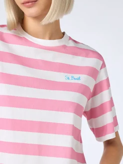 T-shirt corta a righe rosa e bianche da donna