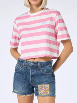 T-shirt corta a righe rosa e bianche da donna