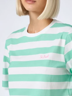 T-shirt corta da donna a righe bianche e acquamarina