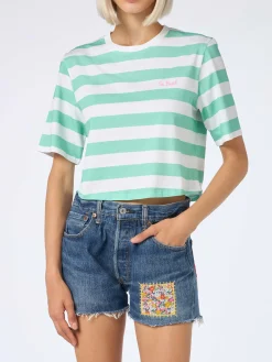 T-shirt corta da donna a righe bianche e acquamarina