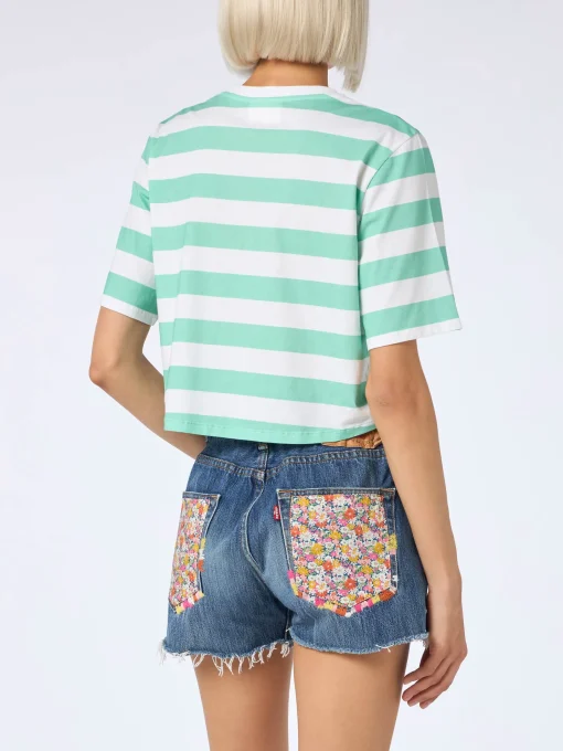 T-shirt corta da donna a righe bianche e acquamarina