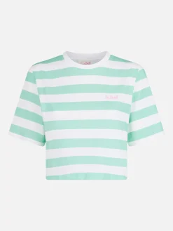 T-shirt corta da donna a righe bianche e acquamarina
