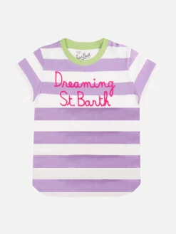 T-shirt da bambina a righe rosa e bianche con scritta ricamata