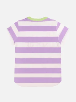 T-shirt da bambina a righe rosa e bianche con scritta ricamata