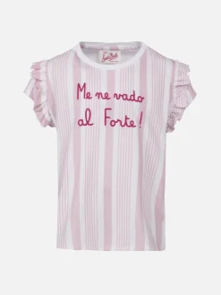 T-shirt da bambina in cotone con balza e ricamo