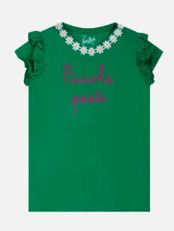 T-shirt da bambina in cotone con balza e ricamo