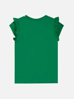 T-shirt da bambina in cotone con balza e ricamo
