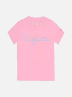 T-shirt da bambina rosa con scritta ricamata