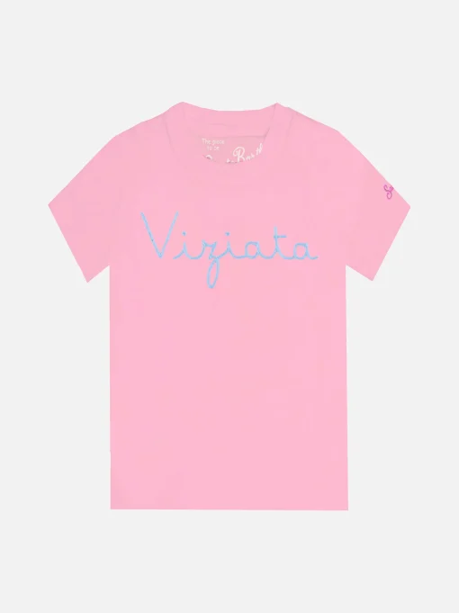 T-shirt da bambina rosa con scritta ricamata