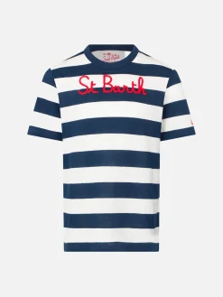 T-shirt da bambino a righe blu con ricamo St. Barth