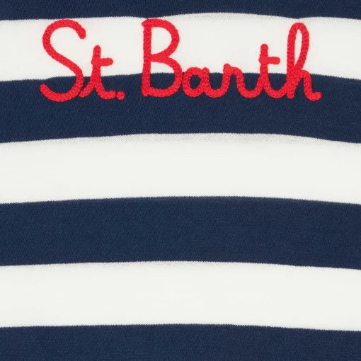 T-shirt da bambino a righe blu con ricamo St. Barth