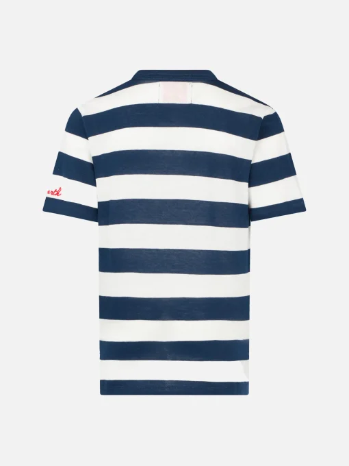 T-shirt da bambino a righe blu con ricamo St. Barth