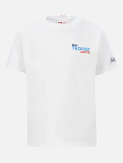 T-shirt da bambino in cotone con stampa di cartoline Saint Tropez addicted