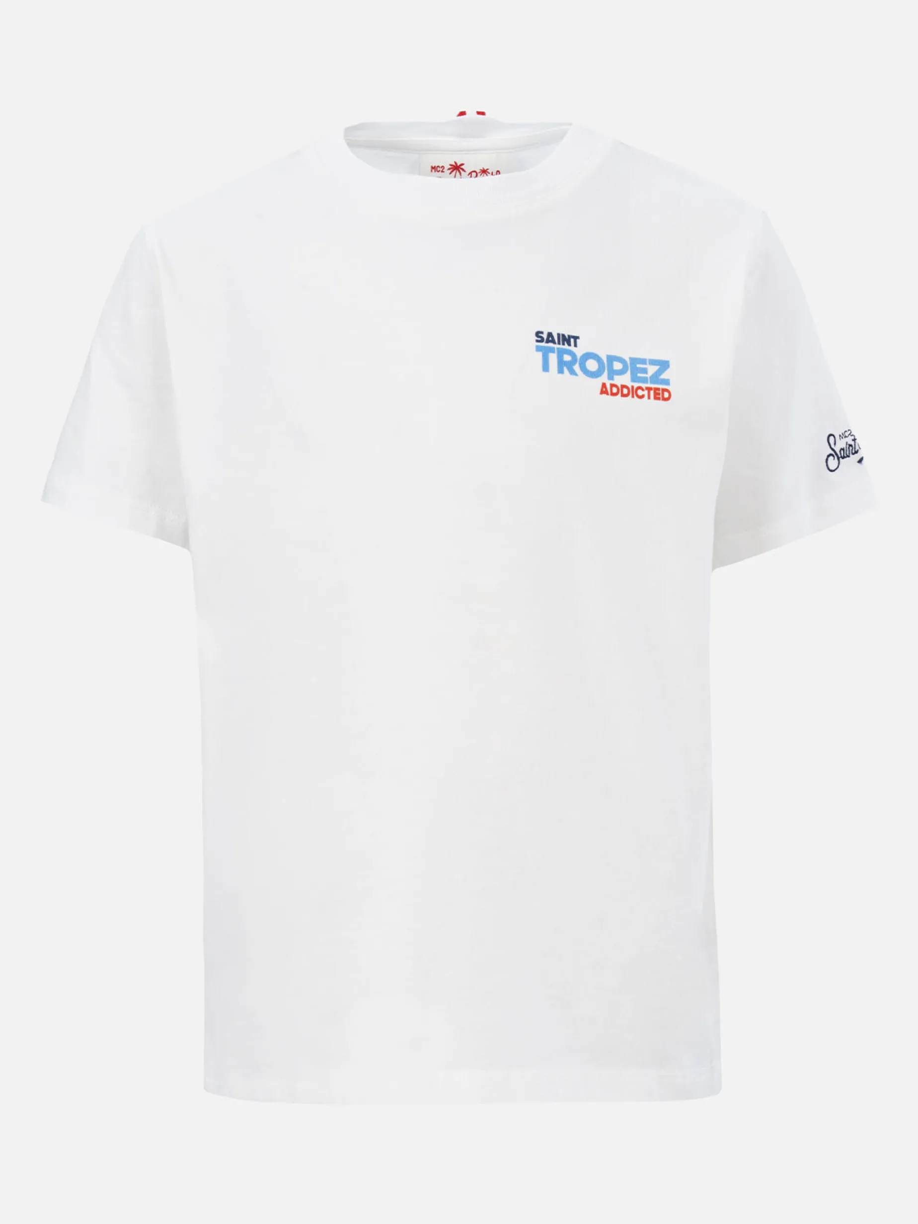 T-shirt da bambino in cotone con stampa di cartoline Saint Tropez addicted