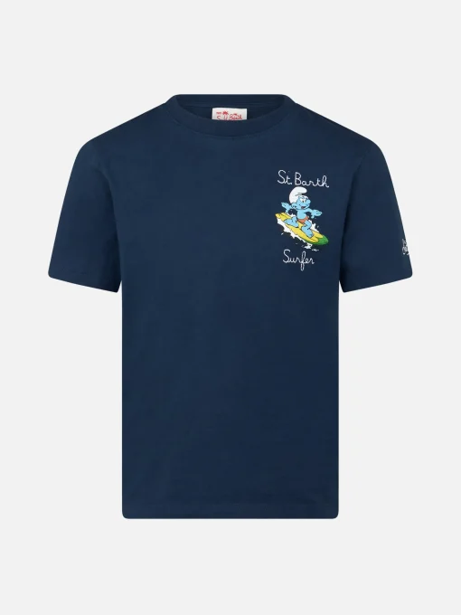 T-shirt da bambino in cotone con stampa dei Puffi e ricamo St. Barth Surfer | I PUFFI EDIZIONE SPECIALE
