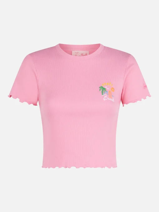 T-shirt da donna a costine con ricamo Après Beach