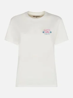 T-shirt da donna Emilie bianca in cotone pesante con ricamo Gatta delle nevi | INSULTI LUMINOSI SPECIAL EDITION