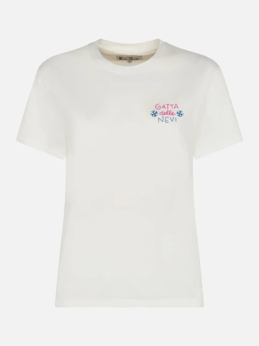 T-shirt da donna Emilie bianca in cotone pesante con ricamo Gatta delle nevi | INSULTI LUMINOSI SPECIAL EDITION