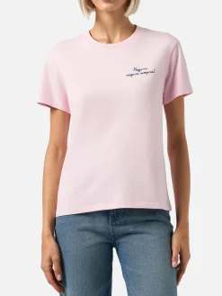 T-shirt da donna Emilie rosa in cotone pesante con ricamo Negare, negare sempre! | VACANZE DI NATALE EDIZIONE SPECIALE