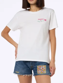 T-shirt da donna girocollo Emilie in jersey di cotone con ricamo Shopping is my Sport